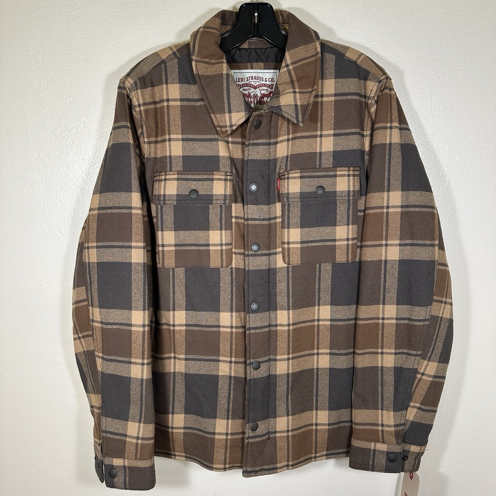 Levi's Men's Small Shirt Jacket Brown Plaid Quilted Lining Shacket Fall NEW